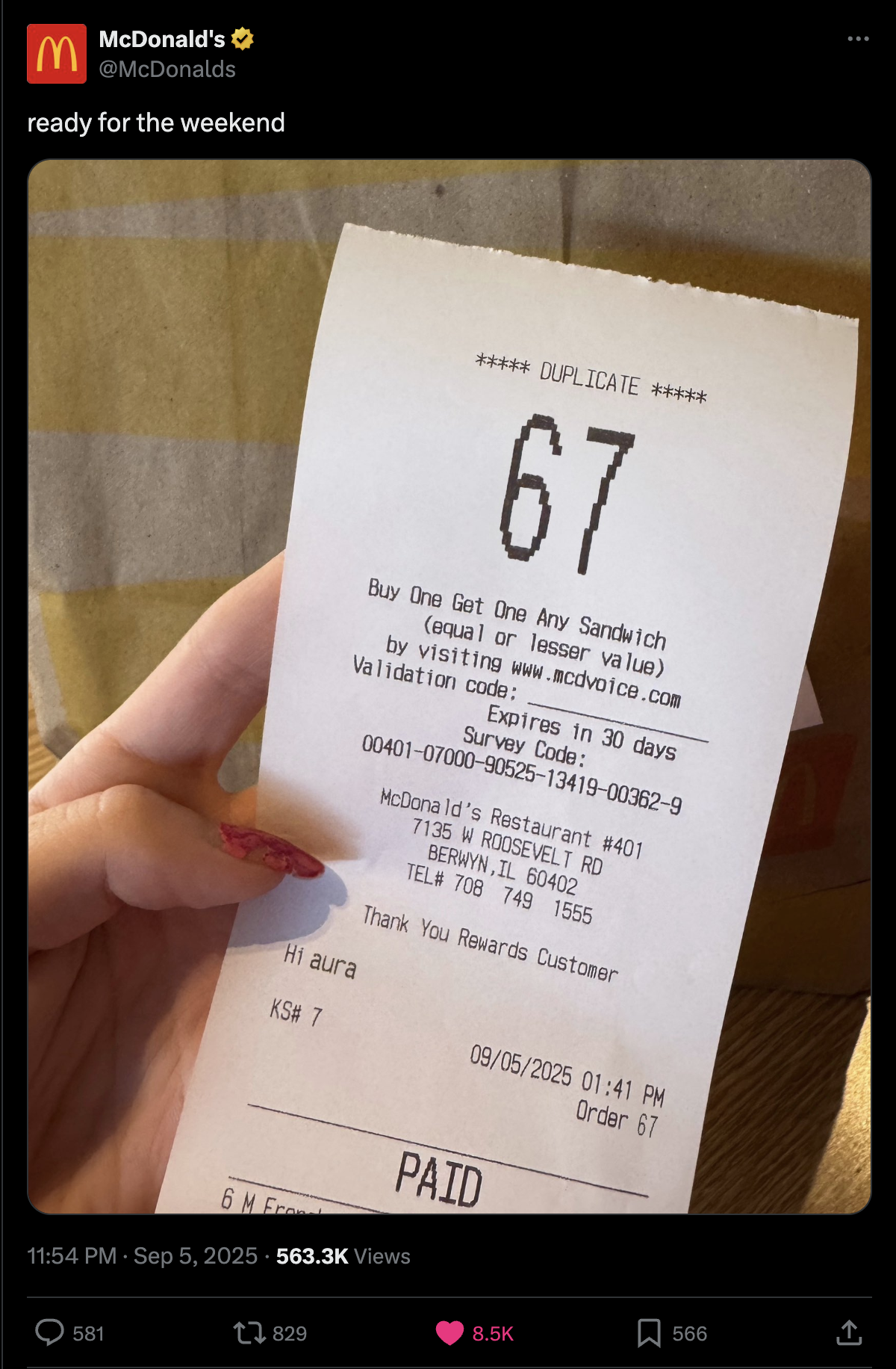 McDonald's Order 67 Receipt
